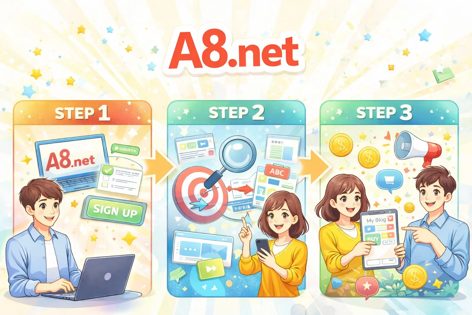 「A8.net（エーハチネット）でアフィリエイトを始める手順」のアイキャッチ画像