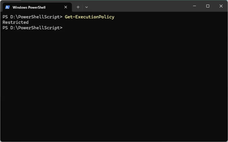 PowerShellで「Get-ExecutionPolicy」コマンドを実行する画面キャプチャ