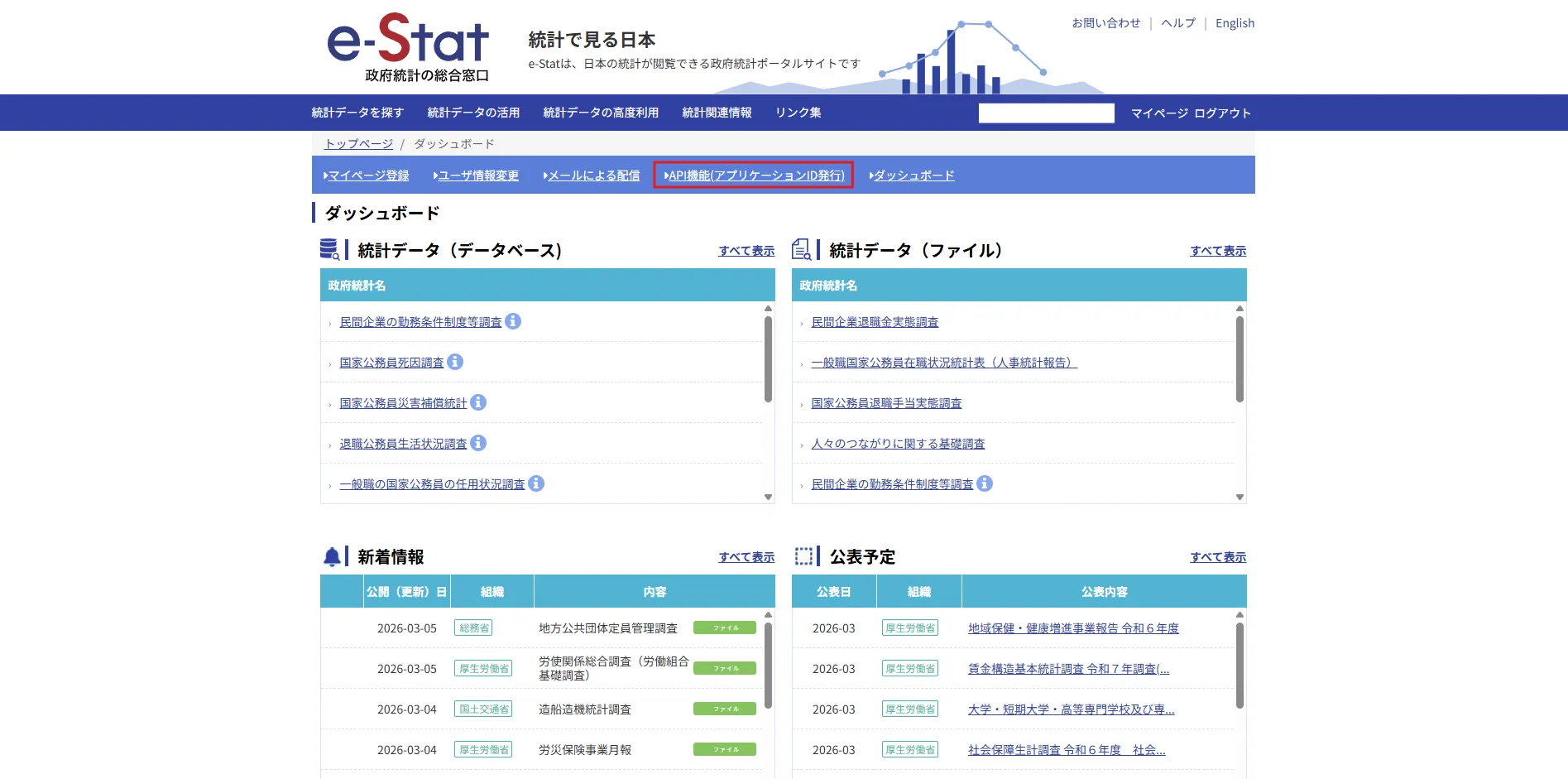 マイページ（ダッシュボード）画面が表示されるため、「API機能(アプリケーションID発行)」リンクを押す操作の画面キャプチャ