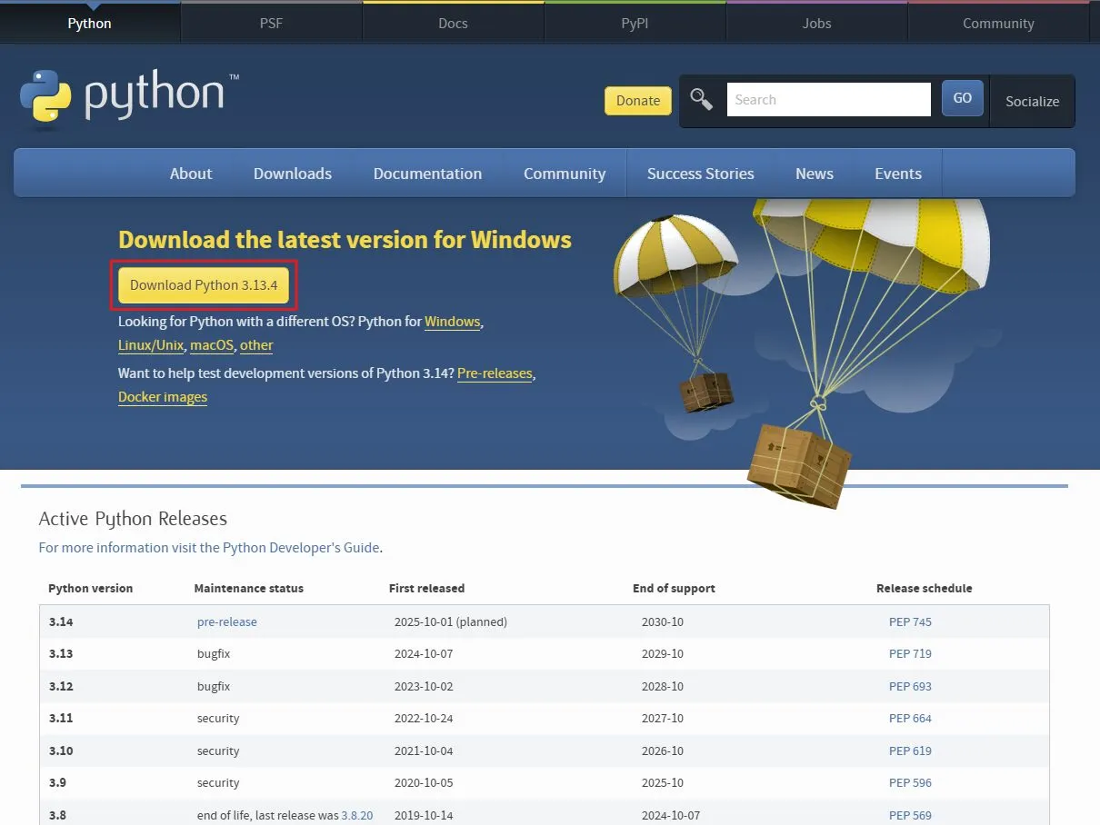 「Download Python 3.13.4」ボタンを押す操作の画面キャプチャ