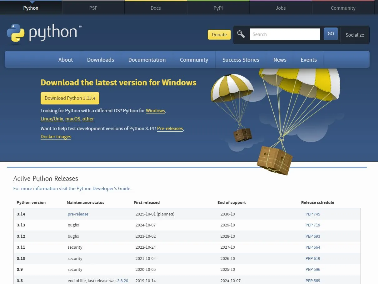 Python公式サイトの「Downloads」ページを開く操作の画面キャプチャ