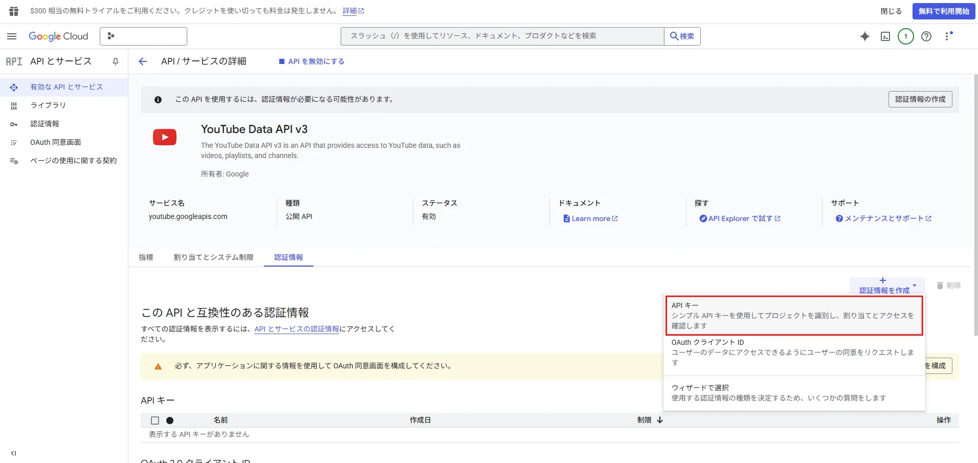 「認証情報を作成」プルダウンの「API キー」を選択する操作の画面キャプチャ