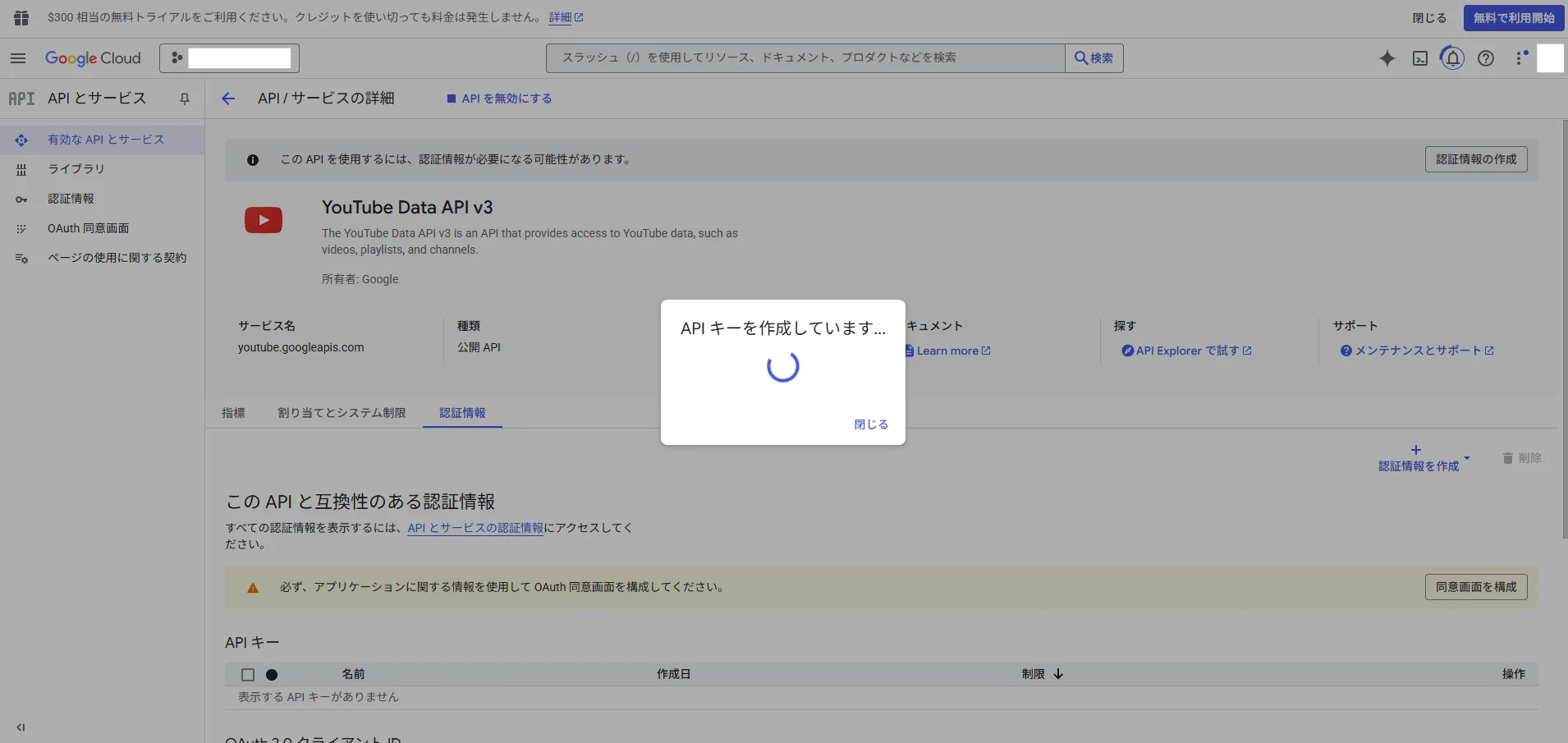 「API キーを作成しました」ダイアログが表示されるため、「自分の API キー」を確認し、「閉じる」リンクを押す（APIキー作成中）操作の画面キャプチャ