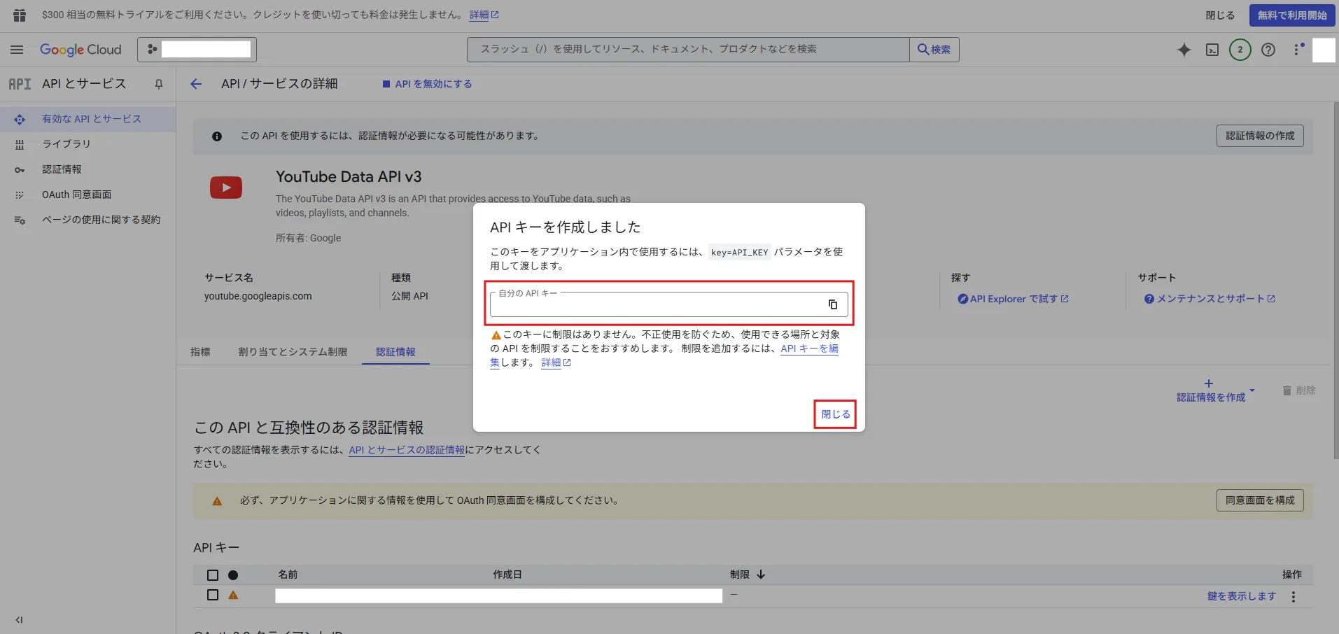 「API キーを作成しました」ダイアログが表示されるため、「自分の API キー」を確認し、「閉じる」リンクを押す操作の画面キャプチャ