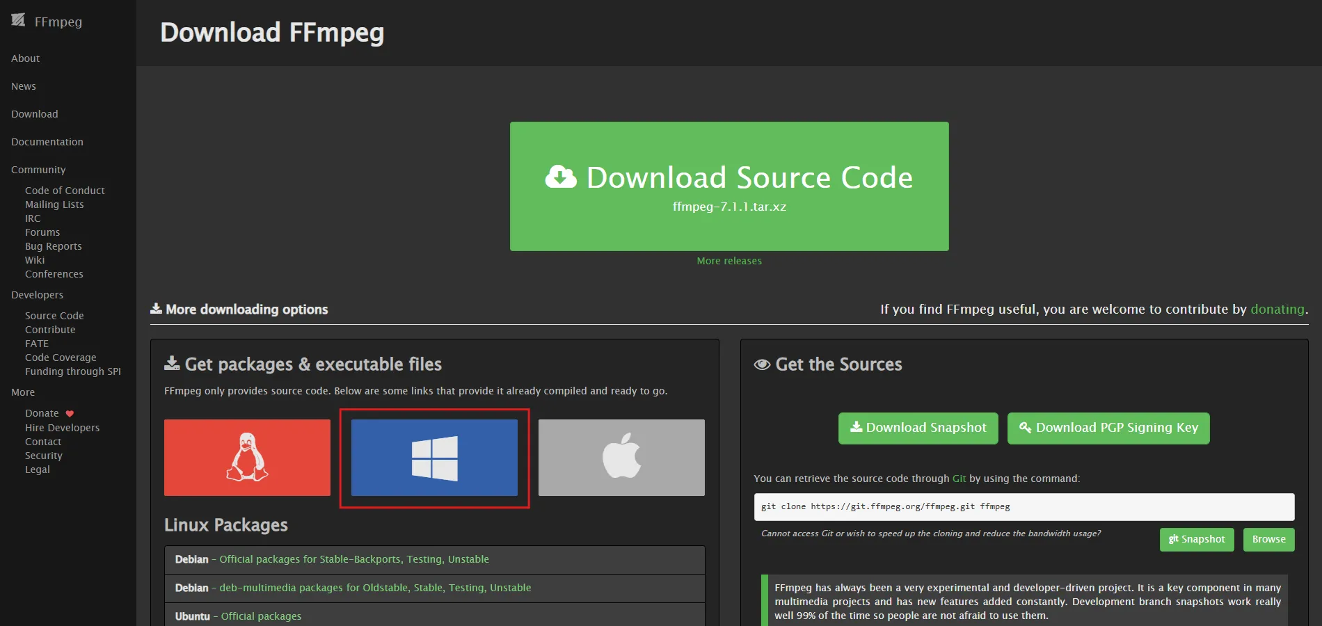 「More downloading options」エリアの「Get packages & executable files」内、Windowsマークを押す操作の画面キャプチャ