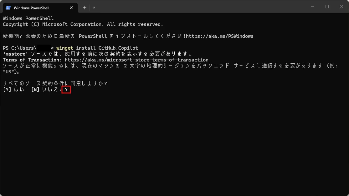 使用PCの地理情報（例：JP）をMicrosoft Storeに送信するよう求められるため、「Y（はい）」を入力し、Enterキーを押す操作の画面キャプチャ（コマンド例）