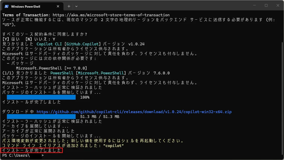 使用PCの地理情報（例：JP）をMicrosoft Storeに送信するよう求められるため、「Y（はい）」を入力し、Enterキーを押す操作の画面キャプチャ（実行結果例）
