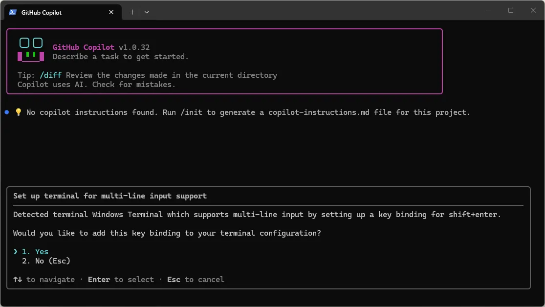 作業フォルダ内のファイルを信頼するか確認するメッセージが表示されるため、「1. Yes（はい）」を選択し、「Enter」キーを押す操作の画面キャプチャ（実行結果例）