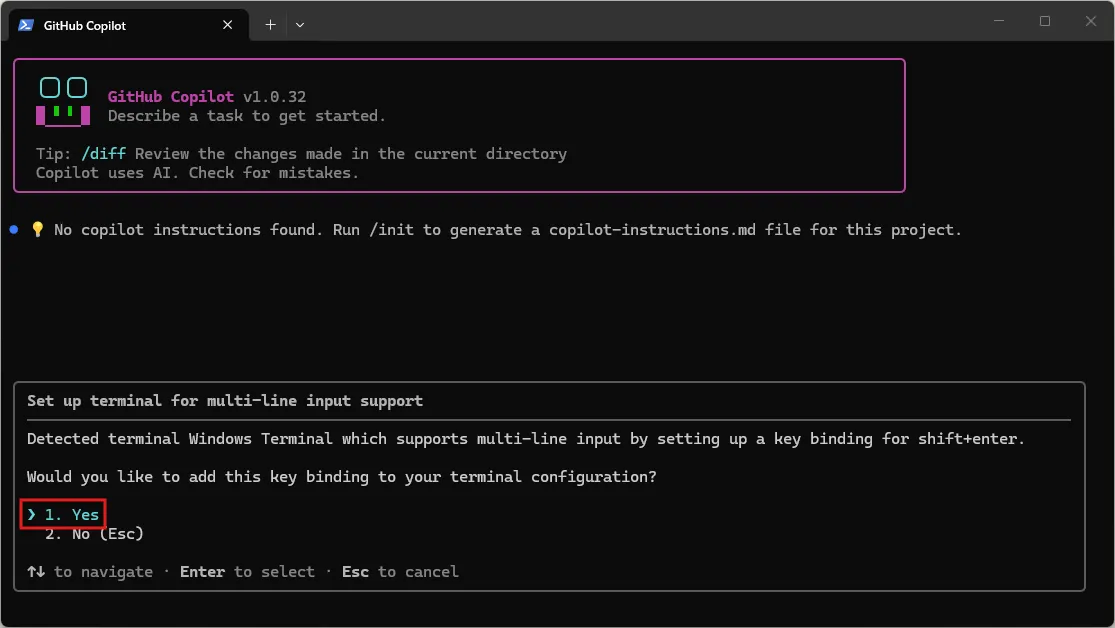 「Shift＋Enter」キーで複数行入力できるように設定するか確認するメッセージが表示されるため、「Yes（はい）」を選択し、「Enter」キーを押す操作の画面キャプチャ（コマンド例）