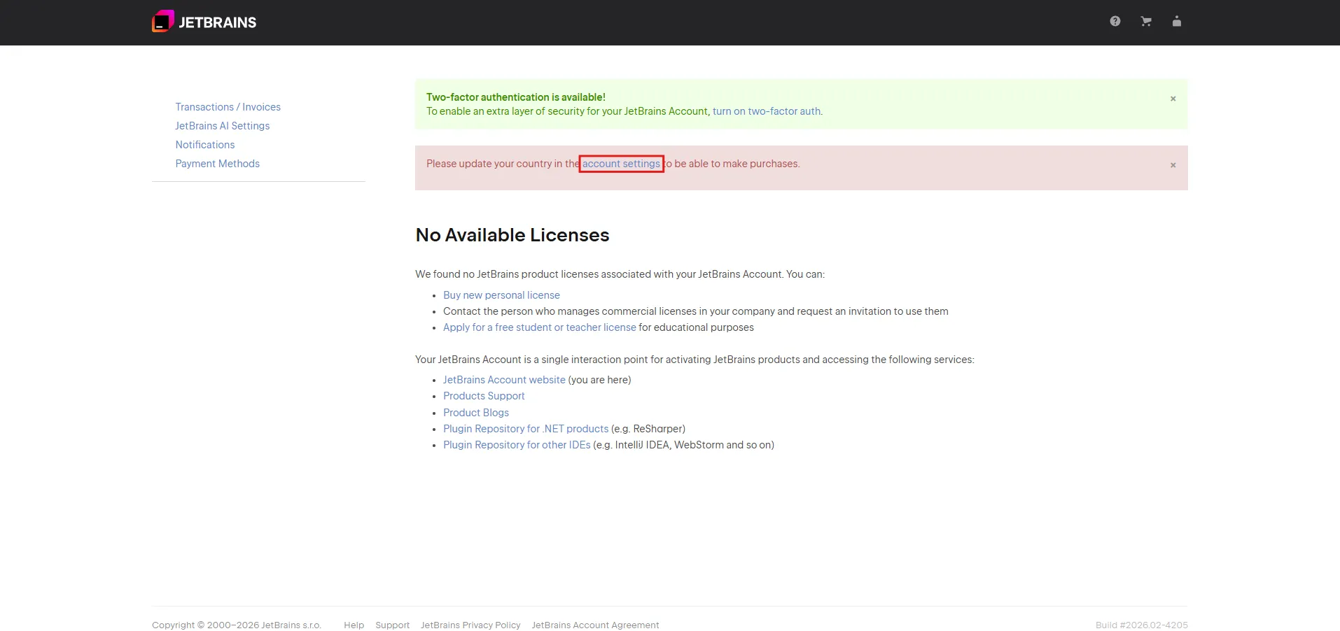 JetBrainsアカウントの「Country/Region」設定の流れ1