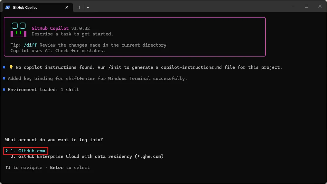 どのアカウントにログインするか確認するメッセージが表示されるため、「1. GitHub.com」を選択し、「Enter」キーを押す（コマンド例）