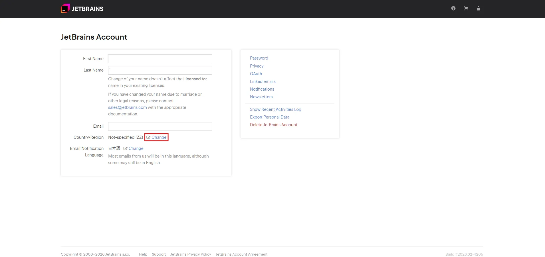 JetBrainsアカウントの「Country/Region」設定の流れ2