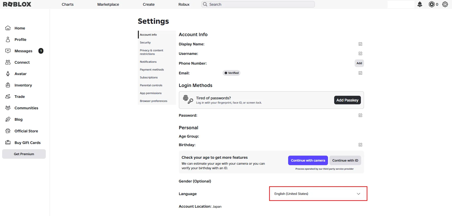 「Settings」画面が表示されるため、「Language」の設定を「English (United States)」から「日本語」に変更する（変更前）の画面キャプチャ
