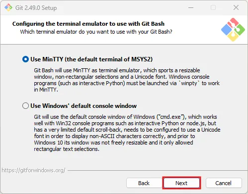 Gitインストーラー実行中の画面キャプチャ（Git Bashを起動する際の使用コマンドツール選択画面）