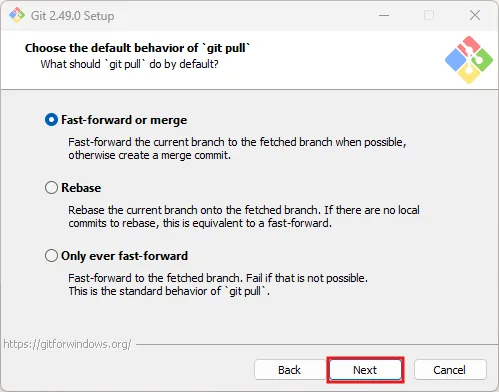 Gitインストーラー実行中の画面キャプチャ（git pull実行時のローカルブランチへのリモート変更取り込み方法の選択画面）