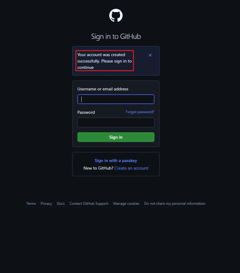 「Sign in to GitHub」画面が表示されるため、「Your account was created successfully」というメッセージが表示されていることを確認する操作の画面キャプチャ