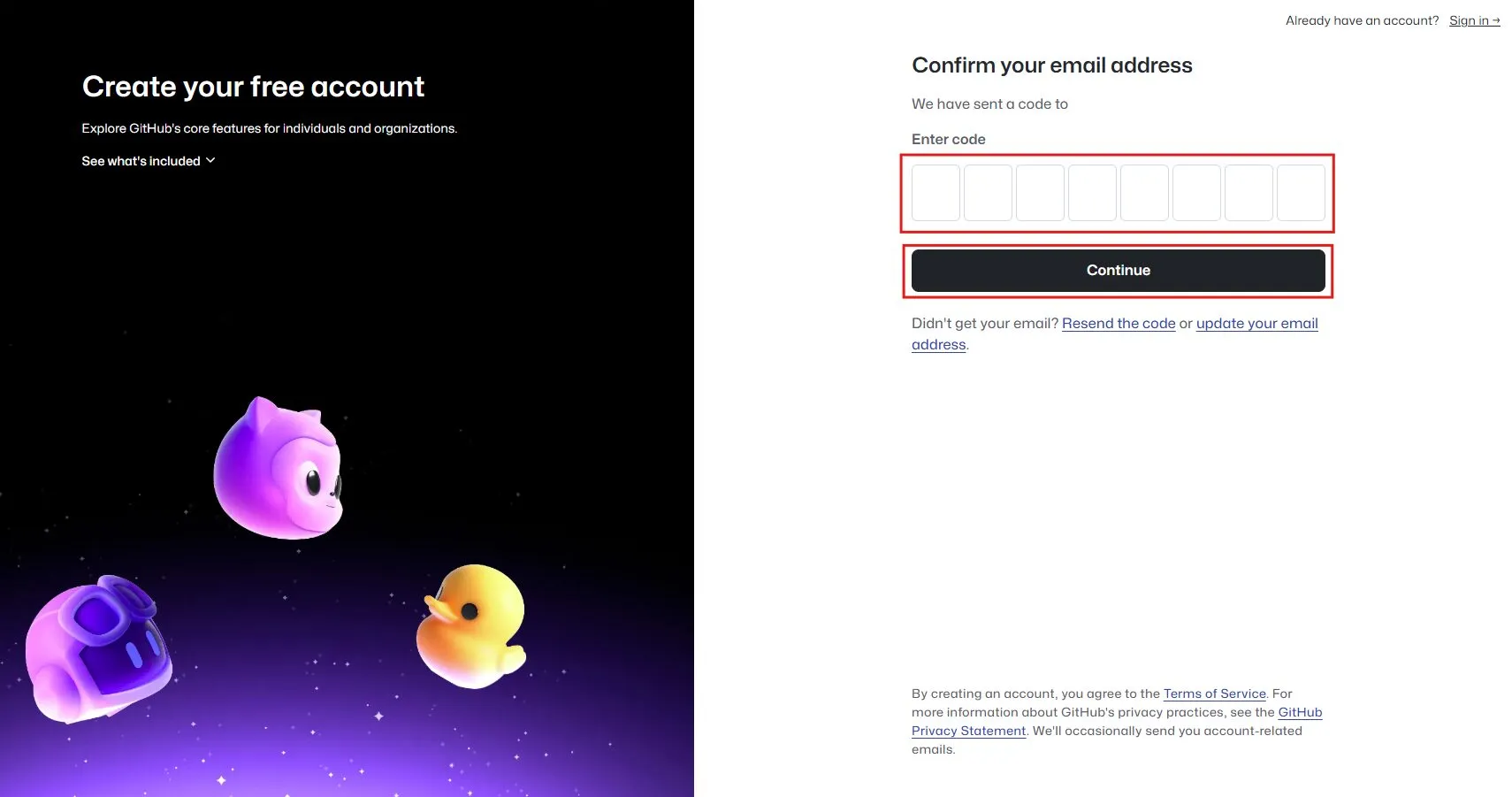 「Confirm your email address」画面が表示されるため、送られてきたコードを入力し、「Continue」ボタンを押す操作の画面キャプチャ