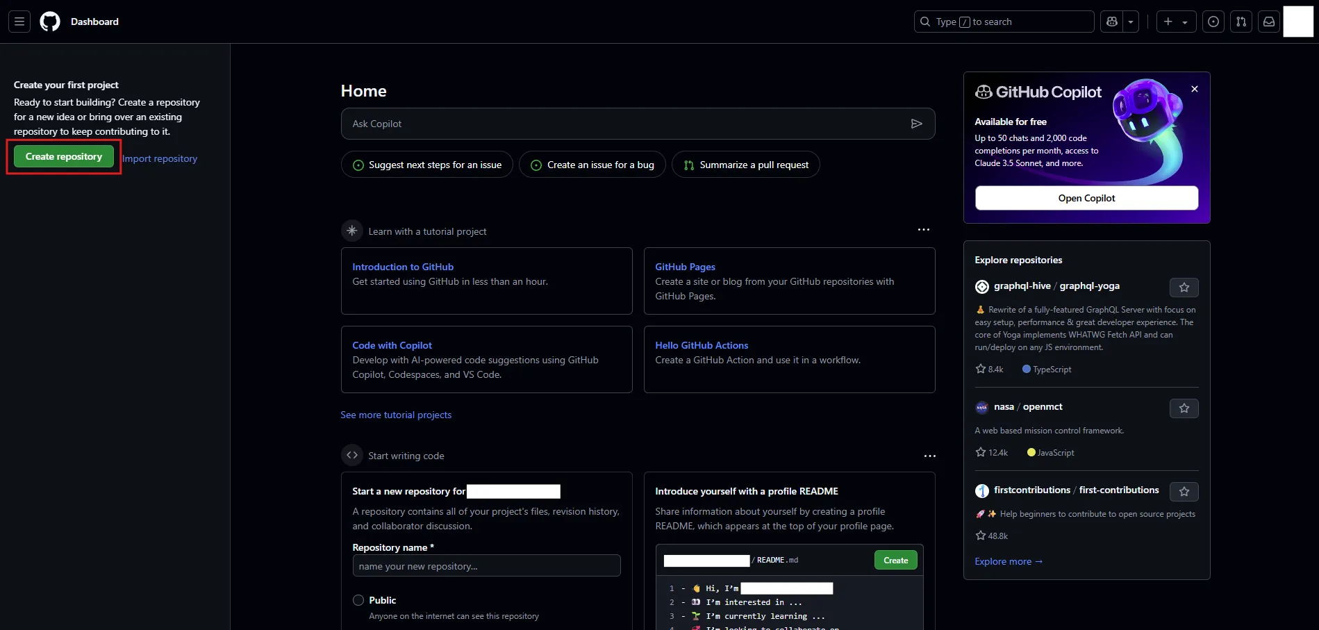 ログイン済みであれば、GitHubダッシュボードが表示されるため、右上の「＋」ボタンから「New repository」を押すか、左サイドバーの「Create repository」または「New」ボタンを押す操作（Create repository）の画面キャプチャ
