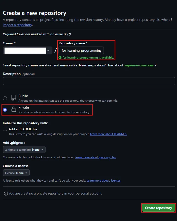 「New repository」画面が表示されるため、必須項目を入力し、「Create repository」ボタンを押す操作の画面キャプチャ