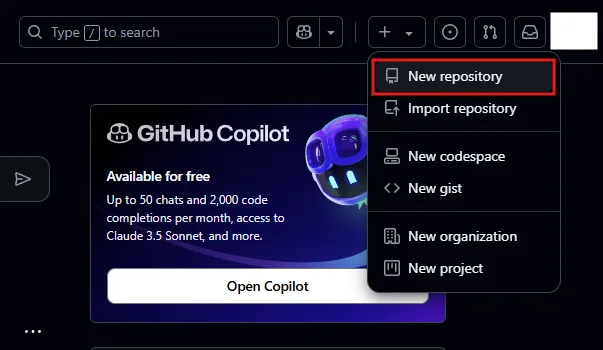 ログイン済みであれば、GitHubダッシュボードが表示されるため、右上の「＋」ボタンから「New repository」を押すか、左サイドバーの「Create repository」または「New」ボタンを押す操作（New repository）の画面キャプチャ
