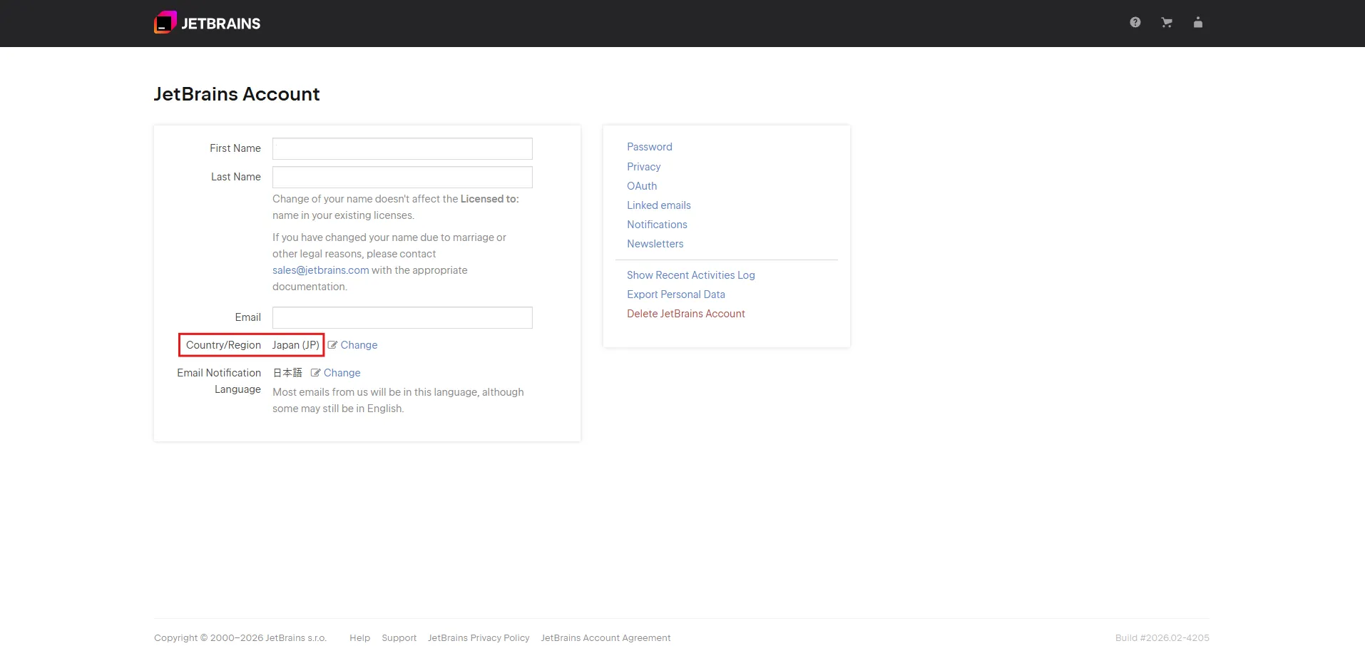 JetBrainsアカウントの「Country/Region」設定の流れ4