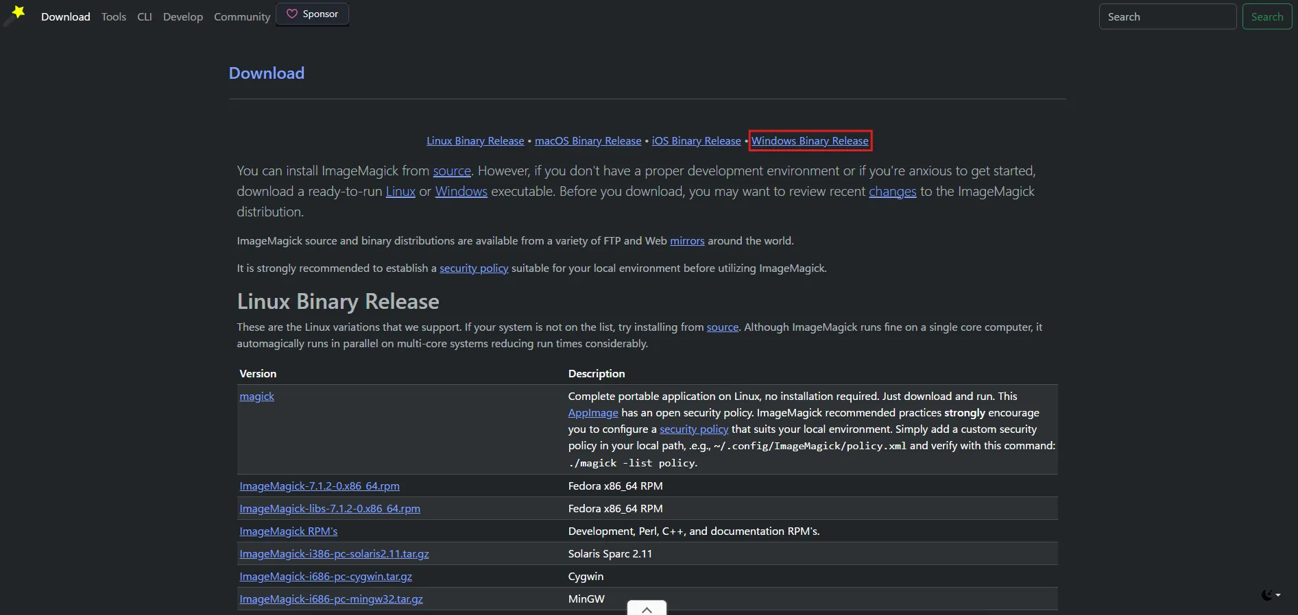 「Windows Binary Release」リンクを押す操作の画面キャプチャ