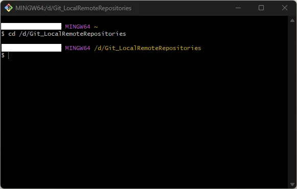 Git Bash上で「cd」コマンドを実行し、リモートリポジトリを作成する場所に移動する操作の画面キャプチャ