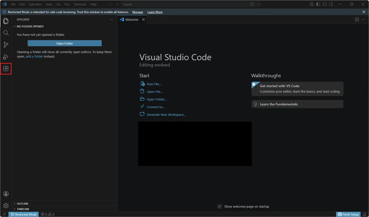 Visual Studio Codeが起動するため、左サイドメニューの「Extensions（拡張機能）」のボタンを押す操作の画面キャプチャ