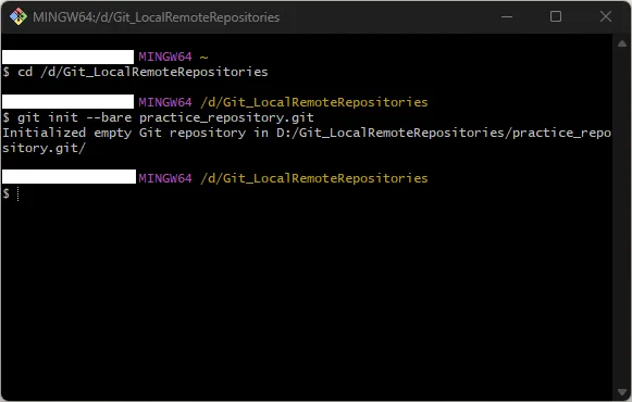 Git Bash上で「git init --bare」コマンドを実行し、リモートリポジトリを作成する操作の画面キャプチャ