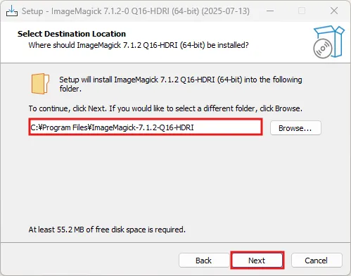 ダウンロードしたImageMagickのインストーラーファイルを実行（ダブルクリックなど）し、画面の指示に従ってインストールを進める（インストーラー画面：Select Destination Location）操作の画面キャプチャ