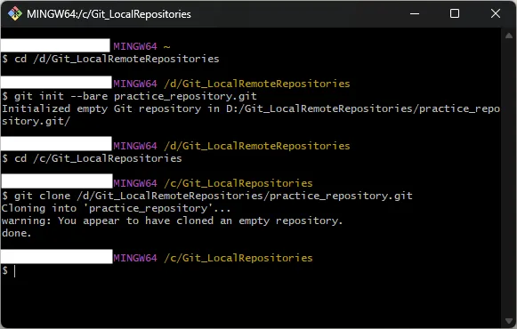 Git Bash上で「git clone」コマンドを実行し、ローカルリポジトリを作成する操作の画面キャプチャ