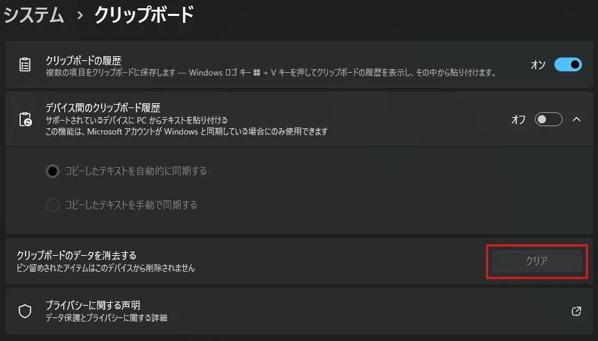 「クリップボードのデータを消去する」セクションの「クリア」ボタンを押した後の操作の画面キャプチャ