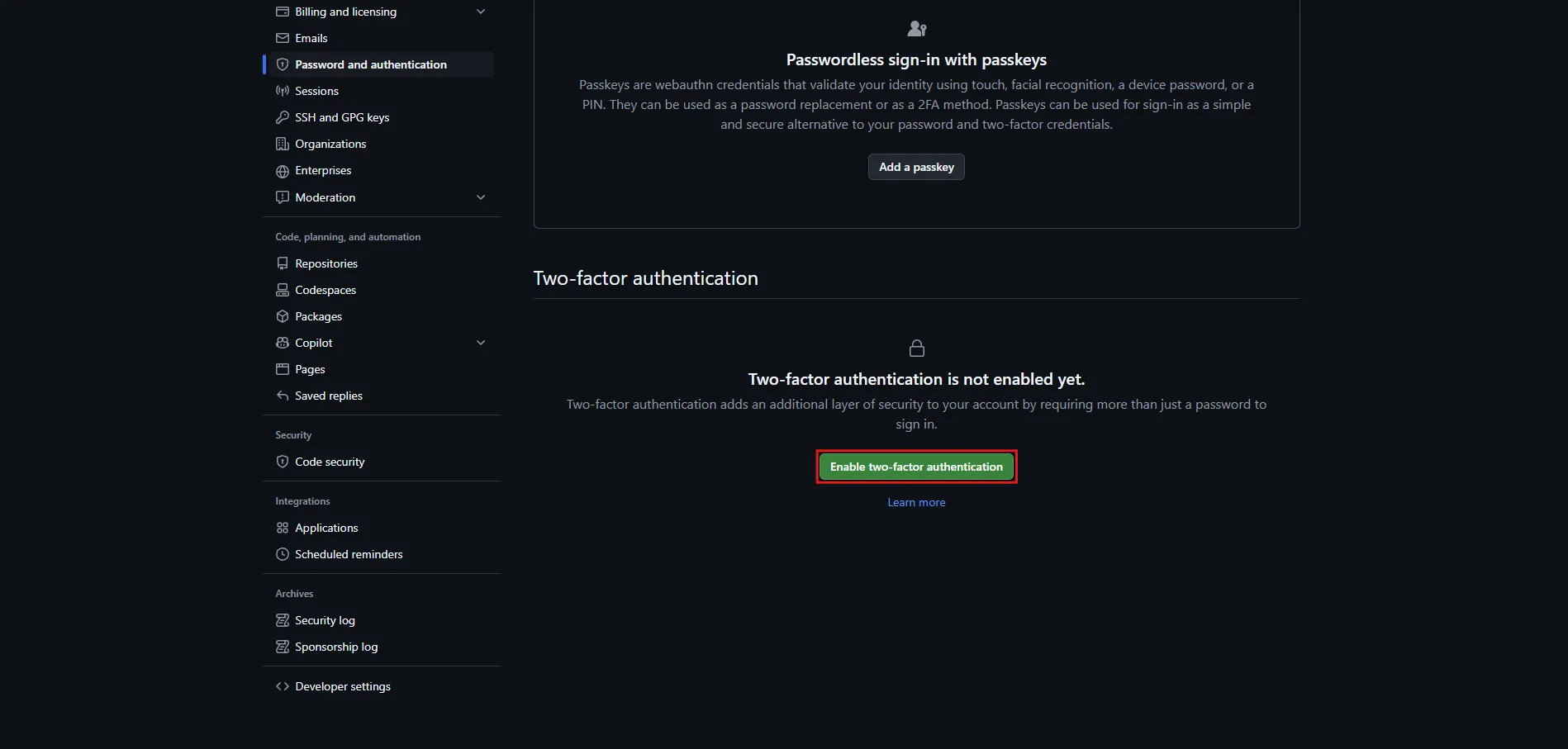 画面の「Two-factor authentication」エリアにある「Enable two-factor authentication」ボタンを押す操作の画面キャプチャ
