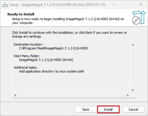 ダウンロードしたImageMagickのインストーラーファイルを実行（ダブルクリックなど）し、画面の指示に従ってインストールを進める（インストーラー画面：Ready to Install）操作の画面キャプチャ