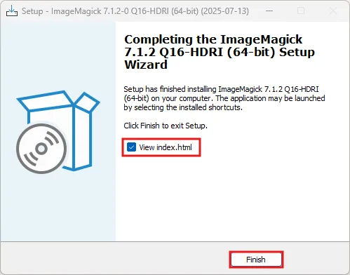 ダウンロードしたImageMagickのインストーラーファイルを実行（ダブルクリックなど）し、画面の指示に従ってインストールを進める（インストーラー画面：完了画面）操作の画面キャプチャ