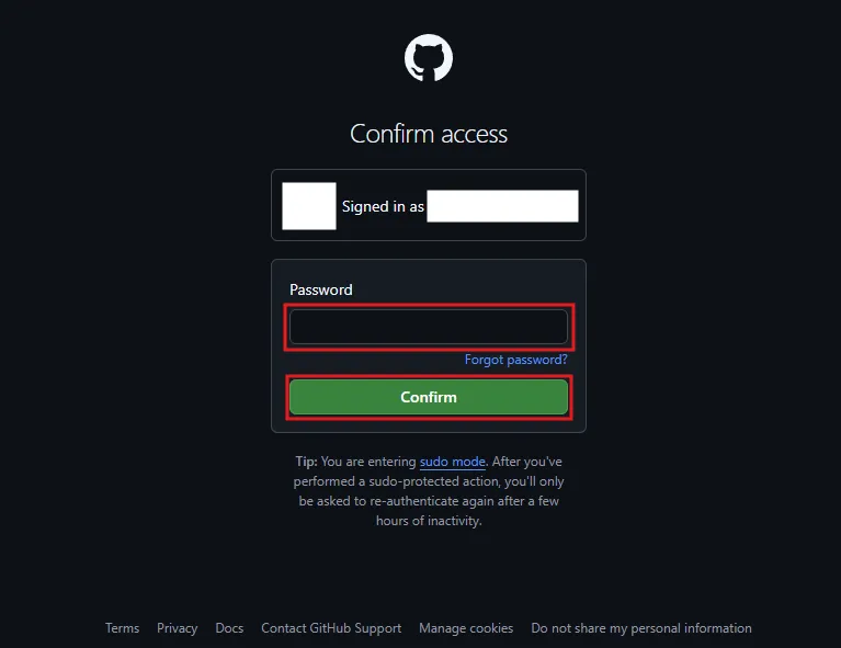 Confirm access（アクセス確認）画面が表示されるため、「Password」テキストボックスにパスワードを入力後、「Confirm」ボタンを押す操作の画面キャプチャ
