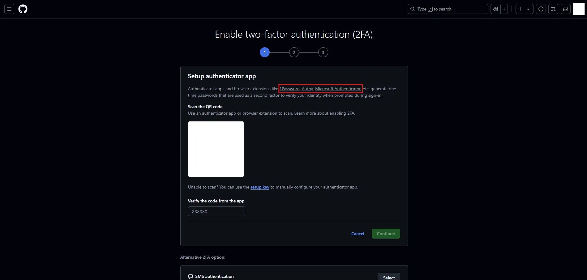 Enable two-factor authentication (2FA)画面が表示されるため、任意の認証アプリのリンクを押し、開いた各アプリのサイトの指示に従って、認証アプリをスマートフォンへインストールする操作の画面キャプチャ
