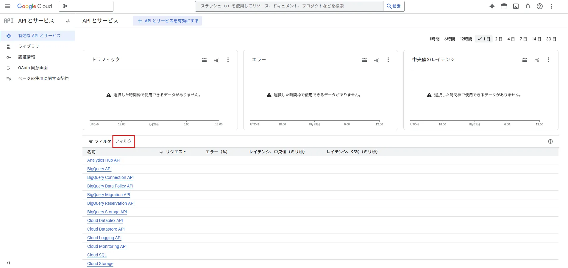 「API と サービス」画面が表示されるため、一覧の上の「フィルタ」を押す操作の画面キャプチャ