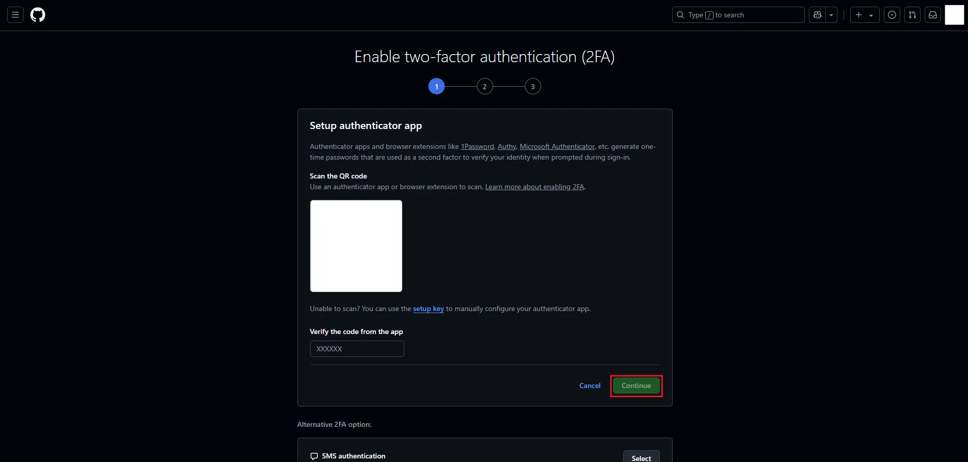 Enable two-factor authentication (2FA)画面の「」テキストボックスに認証コードを入力し、「Continue」ボタンを押す操作の画面キャプチャ