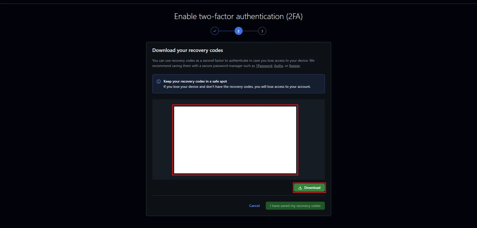 「Download your recovery codes（復元コード）」が表示されるため、「Download」ボタンを押し、復元コードを任意の場所に保存する操作の画面キャプチャ