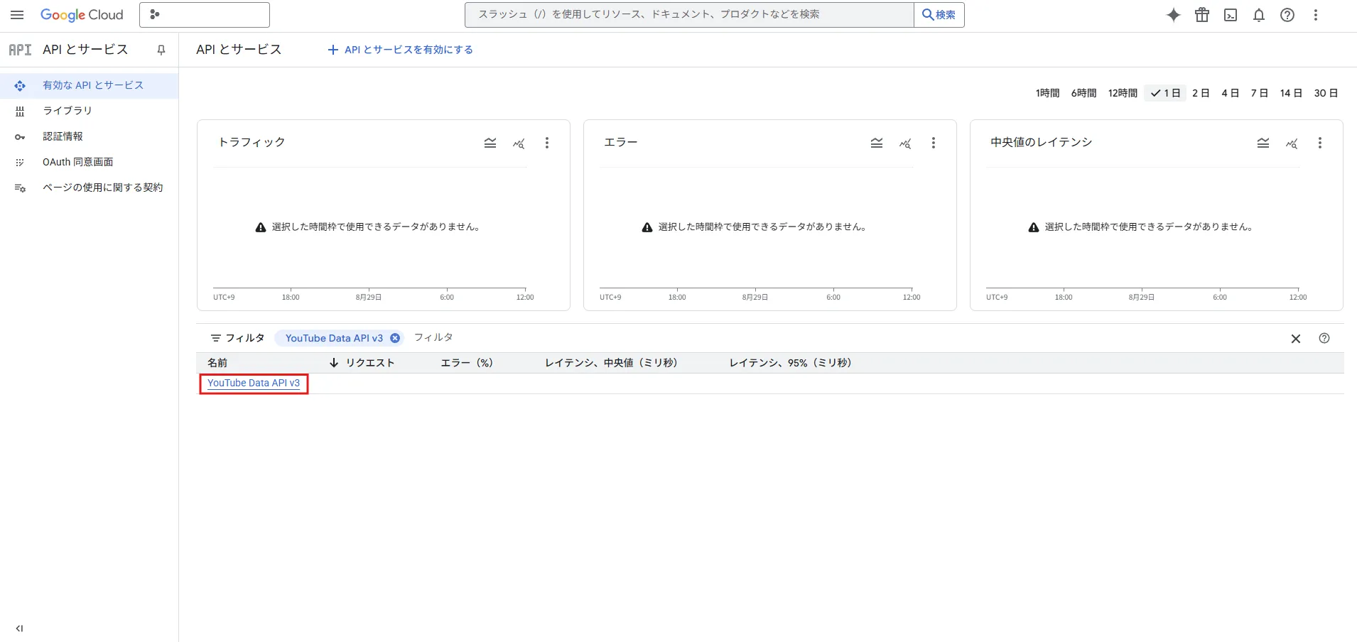 フィルタリングされた一覧に表示されている「YouTube Data API v3」を押す操作の画面キャプチャ