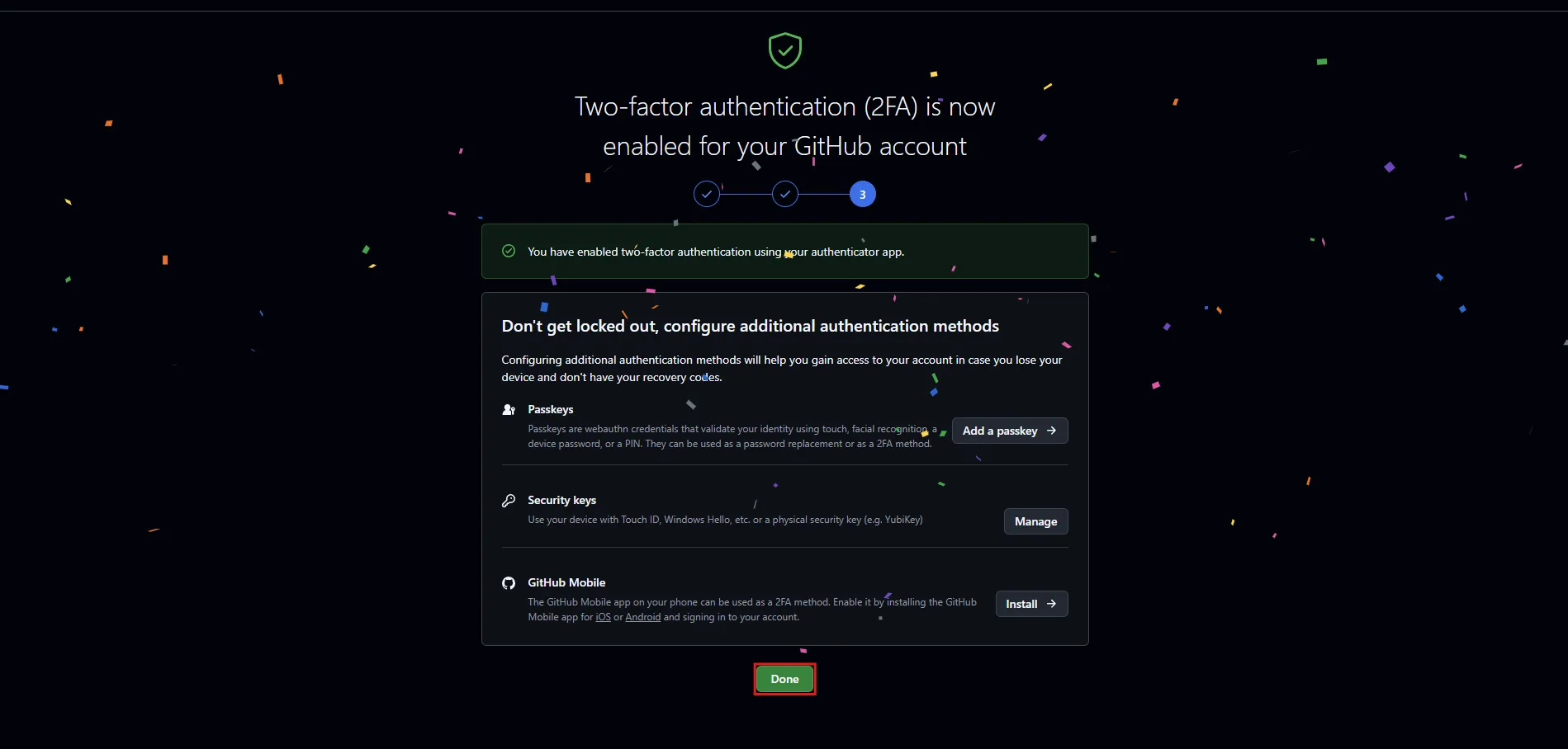 Two-factor authentication (2FA) is now enabled for your GitHub accountページが表示されるため、「Done（完了）」ボタンを押す操作の画面キャプチャ