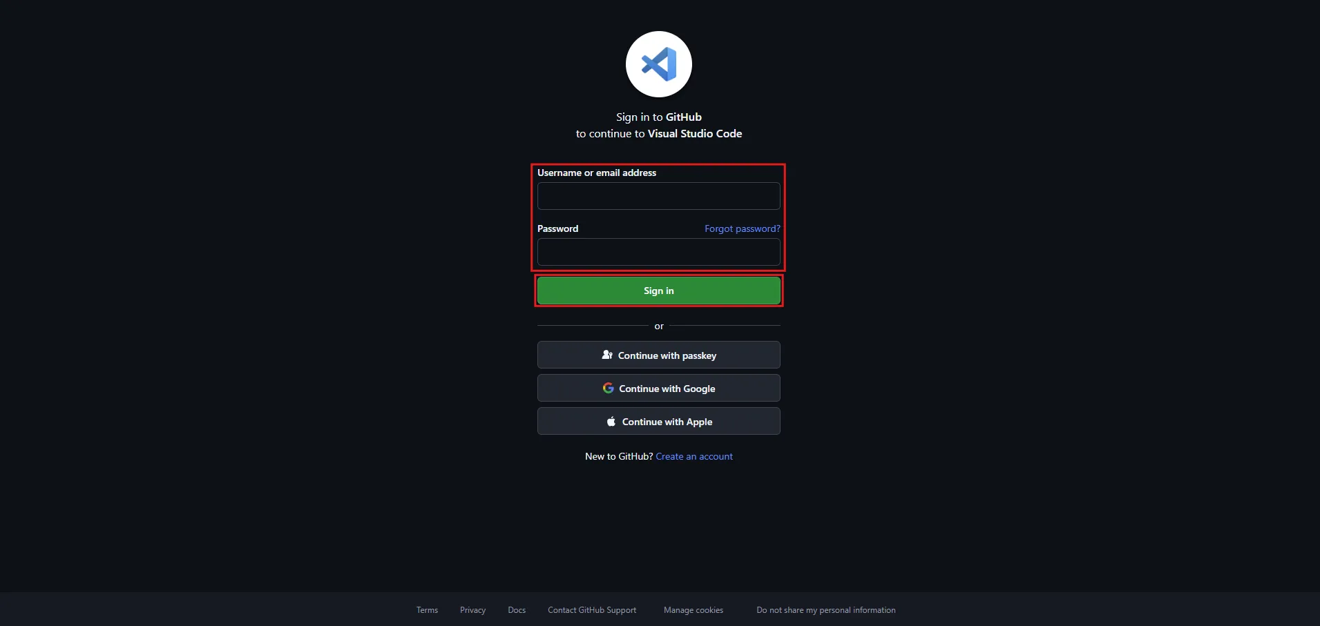 Githubの認証画面が表示されるため、「Username or email address（ユーザー名またはメールアドレス）」と「Password（パスワード）」を入力し、「Sign in（サインイン）」ボタンを押す操作の画面キャプチャ