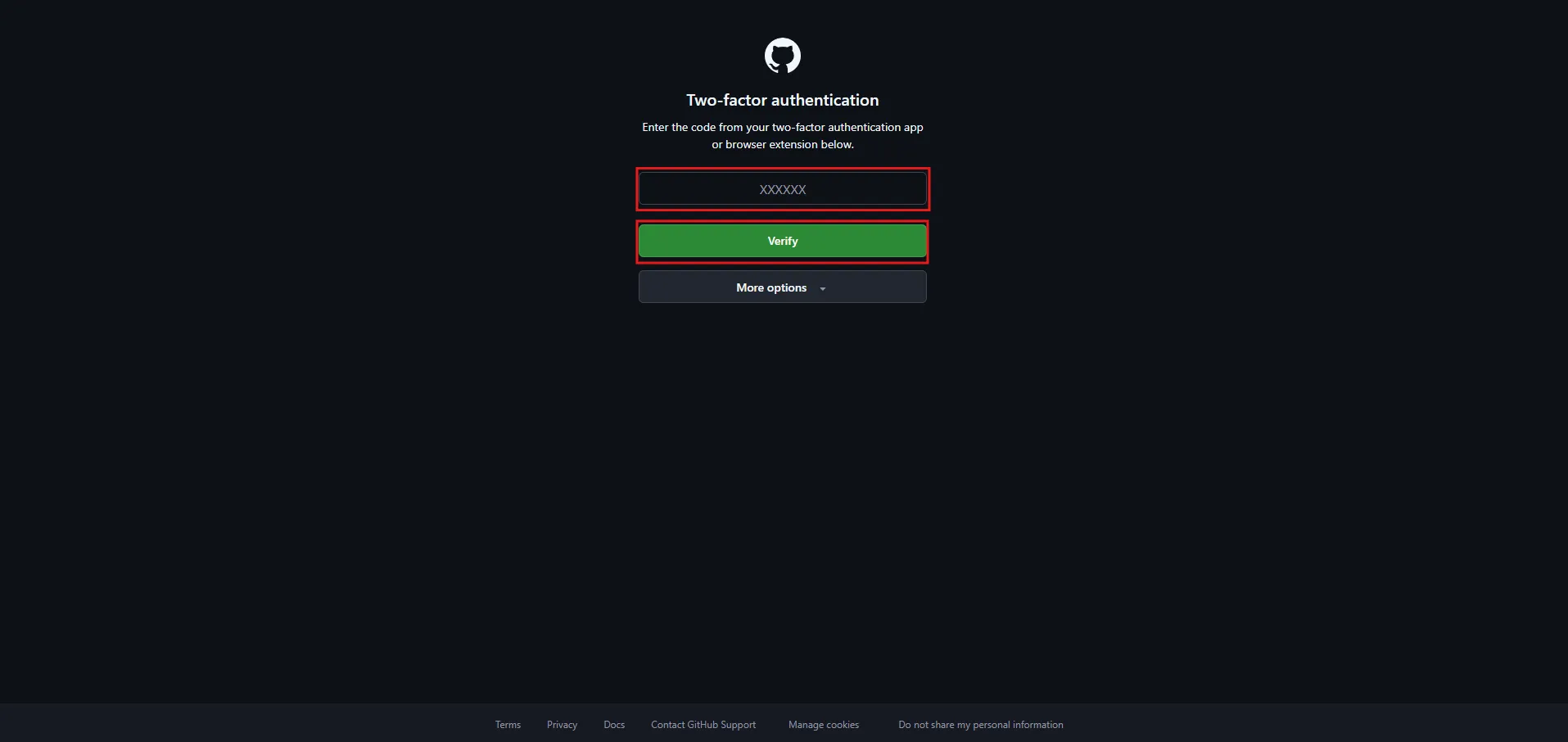 認証アプリに表示されている対象のGitHubアカウントの認証コードを入力し、「Verify」ボタンを押す操作の画面キャプチャ