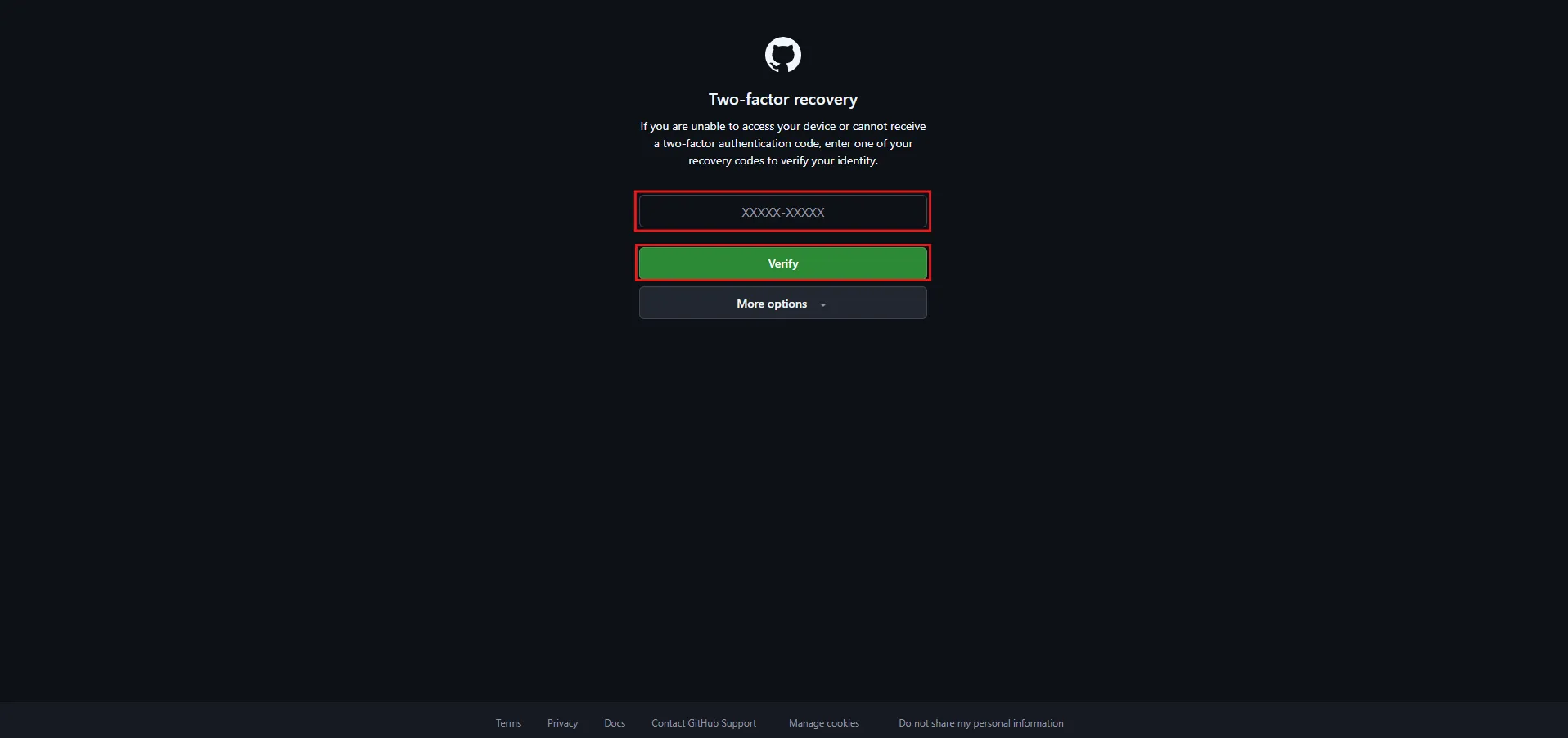 復旧コードを入力し、「Verify」ボタンを押す操作の画面キャプチャ