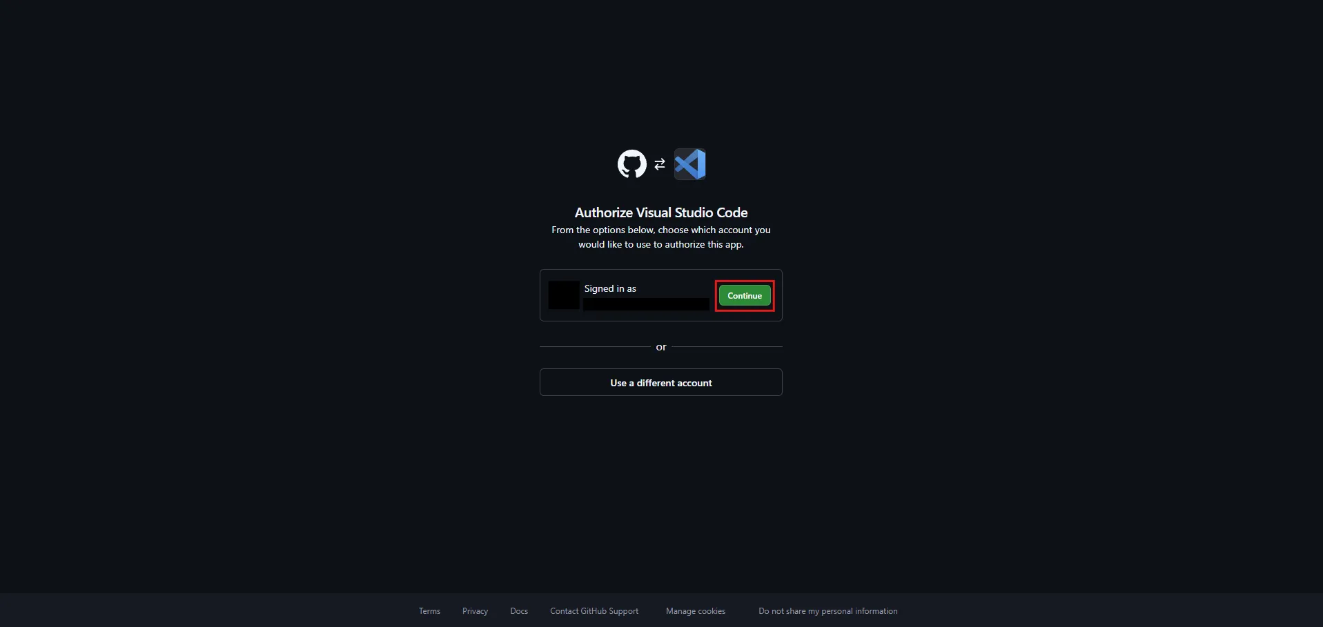 GitHubアカウントへのサインイン画面が表示されるため、認証に使用する任意のアカウントの「Continue（続ける）」ボタンを押す操作の画面キャプチャ