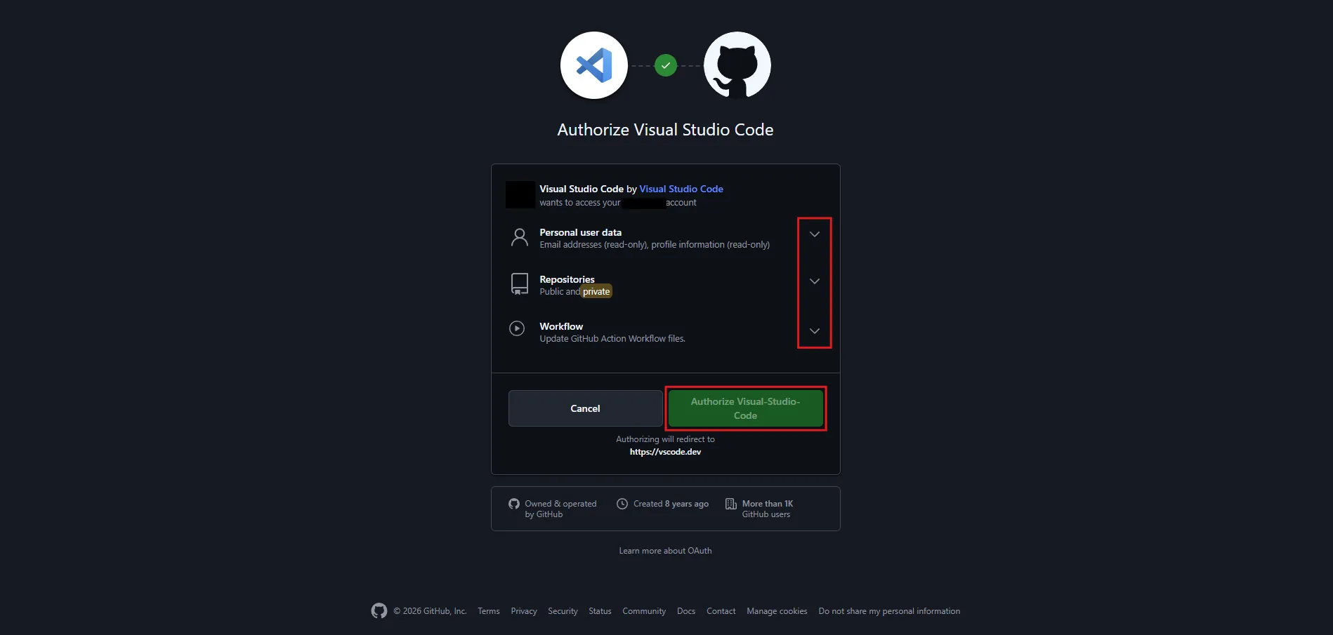 Visual Studio Codeに対するGitHubアカウントへの接続承認画面が表示されるため、各項目の折り畳みエリアを確認後、「Authorize Visual-Studio-Code」ボタンを押す操作の画面キャプチャ