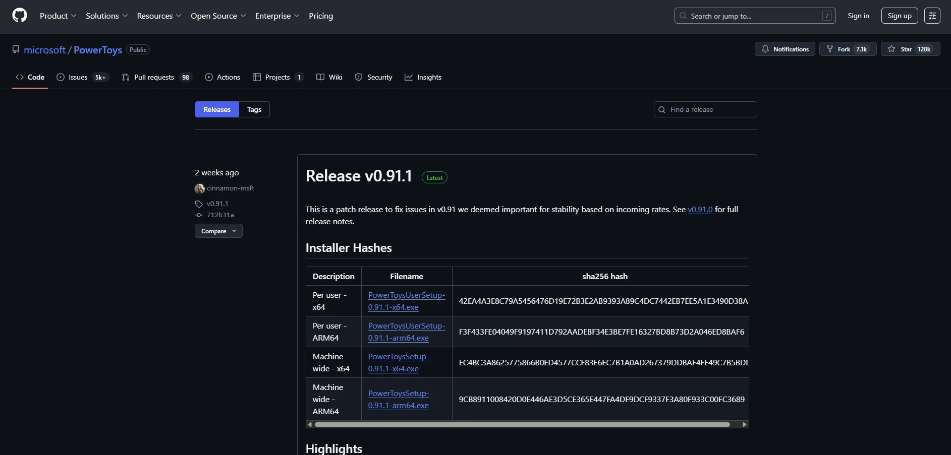 Microsoft PowerToysの「GitHub」ページを開く操作の画面キャプチャ