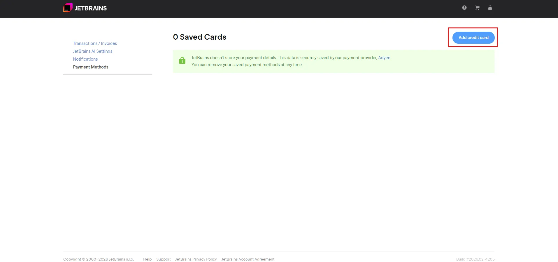 JetBrainsアカウントのPayment Methodsページが表示されるため、「Add credit card」ボタンを押す操作の画面キャプチャ