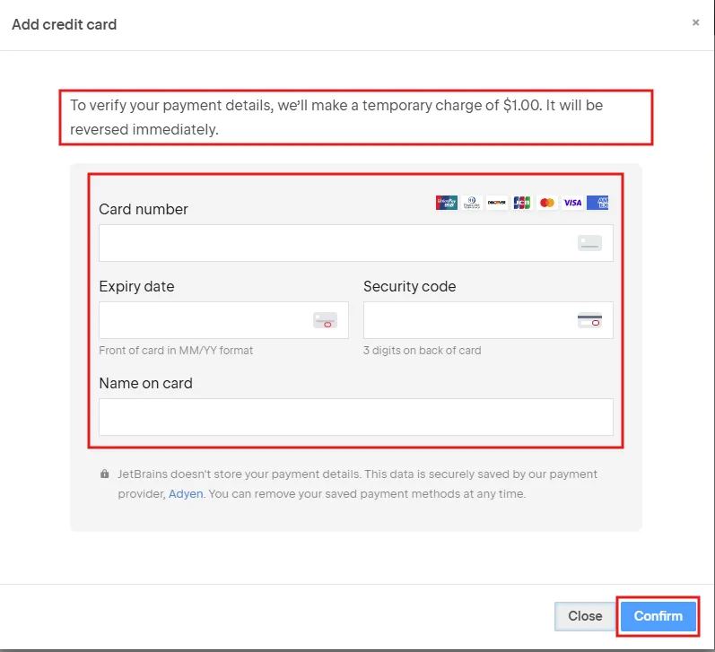 「Add credit card」ダイアログが表示されるため、登録するクレジットカードの情報を入力し、「Confirm」ボタンを押す操作の画面キャプチャ